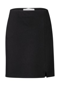 Jupe mini noire en tissu extensible, dotée d'une fente sur le côté, d'une taille élastique et d'un ourlet sans couture pour une finition lisse.