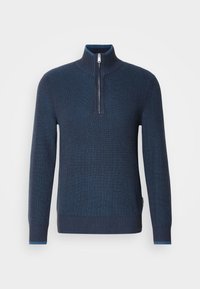 Maglione in maglia blu navy con collo alto e chiusura a mezza zip. Presenta polsini e orlo a coste, materiale testurizzato e collo interno a contrasto.