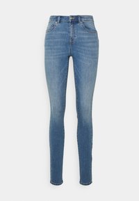 Jeans ajustados en denim de color azul claro, con una textura suave, cinco bolsillos y un cierre de botón clásico en la cintura.