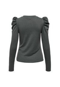 Langærmet, mørkegrå top med et tætsiddende design, der har puffede skuldre og rund halsudskæring. Blød tekstur, minimalistisk stil.