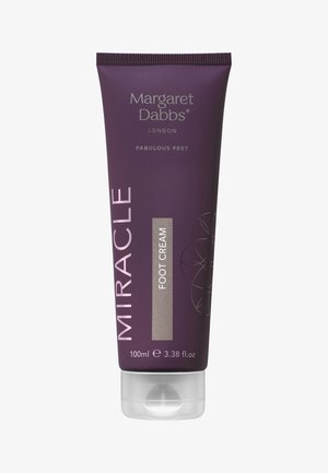 Fußcreme-Tube, 100 ml. Dunkellila mit silbernen Akzenten. Enthält in großer Schrift "MIRACLE" und "FOOT CREAM". Klare Plastikbasis.