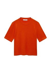 Kurzarmpullover in Orange aus weichem Stoff, mit Rundhalsausschnitt und lockerer Passform, geradem Saum und ohne sichtbare Muster.