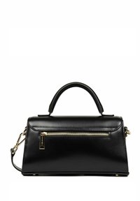 Borsa a mano in pelle nera con un design strutturato, manico superiore, dettagli in cerniera dorata e tracolla removibile. Texture liscia, forma angolare.