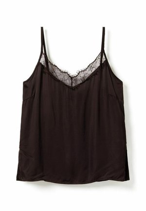 Mustast satiinist kamisool, millel on õhukesed rihmad ja pitsist ääris V-kaelusel, kujutatud valgel taustal.