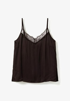 Musta satiinikamisolki, jossa ohuet hihnat ja pitsireunus V-kaula-aukon ympärillä, esillä valkoista taustaa vasten.