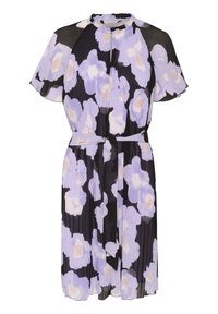 Pleatattu mekko, jossa on kukkakuosi violetissa, mustassa ja kermassa. Ominaisuuksiin kuuluu lyhyet hihat, pyöreä kaula-aukko ja yhteensopiva vyö vyötäröllä.