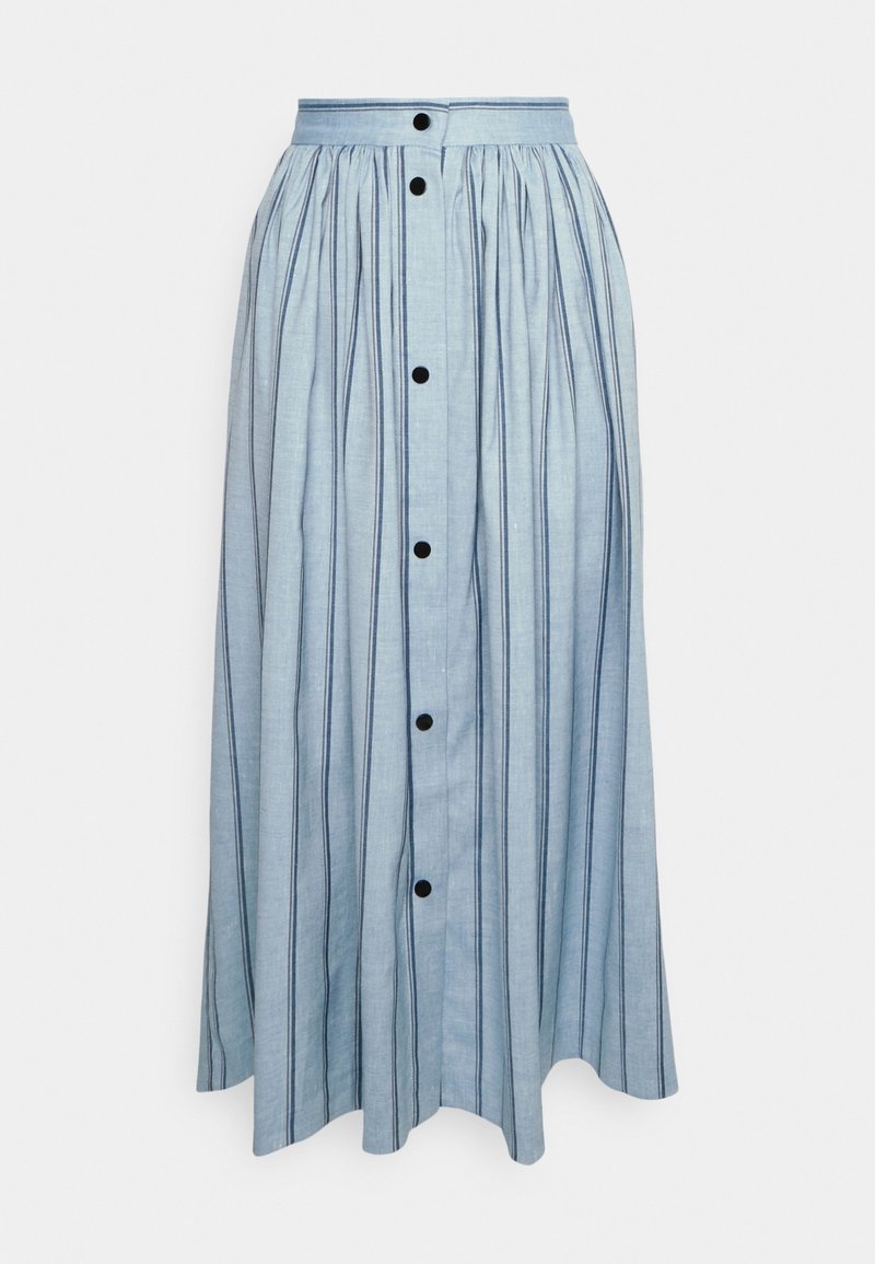 Gonna azzurro chiaro, di lunghezza al ginocchio, realizzata in tessuto testurizzato con righe verticali. Presenta una vita arricciata e bottoni neri lungo la parte anteriore.