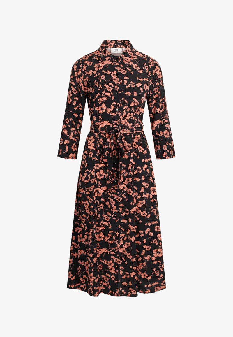 Robe midi noire à manches longues avec motif floral rose, boutonnage sur le devant, col et ceinture en tissu à nouer à la taille.