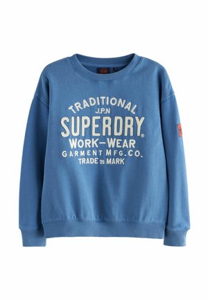 Modrá bavlněná mikina se žebrovanými manžetami a spodním lemem. Na přední straně je velké bílé potištěné logo s nápisem "SUPERDRY WORK-WEAR".