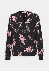 Blusa nera con maniche lunghe, caratterizzata da un motivo floreale in rosa e bianco, scollatura arrotondata e tre bottoni. Tessuto morbido e leggero.