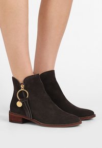 Mörkbruna mocka ankelskor med spetsig tå, guldringdetaljer, dragkedjedetaljer och en träklack, med synliga sömnadsdetaljer.