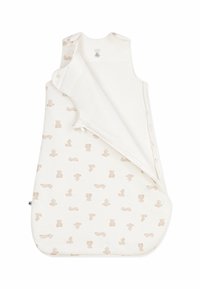 Śpiwór z miękkiej kremowej tkaniny z wzorem beżowego misia teddy. Posiada zatrzaski na ramionach oraz lekko zaokrąglony dół.