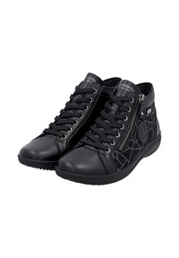 Chaussures noires à hauteur de cheville en cuir et tissu, dotées de lacets, d'une fermeture éclair sur le côté et d'accents de motifs géométriques sur un côté.