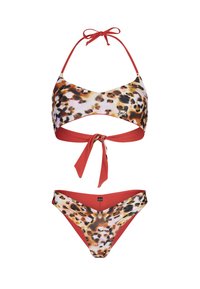 Bikini set z vzorom leopardje v bež in rjavi barvi z rdečimi poudarki. Vrh ima zavezovanje okoli vratu in hrbta, hlačke pa imajo križni sprednji del.