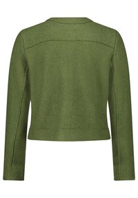 Olive green, textured jacket with long sleeves, a rounded neckline, and seam detailing, featuring a cropped cut and straight hemline.