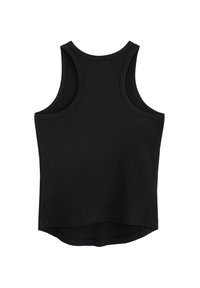 Sort ribbet tanktop med en afrundet kant, brede stropper og en tætsiddende pasform. Fremstillet af et struktureret stof, der giver stræk.