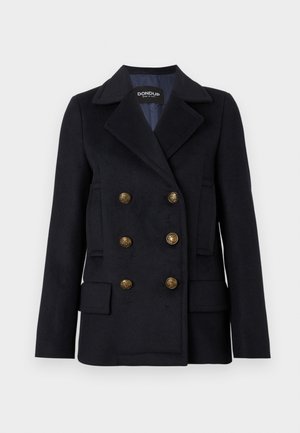 Blazer doppiopetto blu navy realizzato in tessuto testurizzato con bottoni dorati, dotato di colletto a ogiva e due tasche frontali.