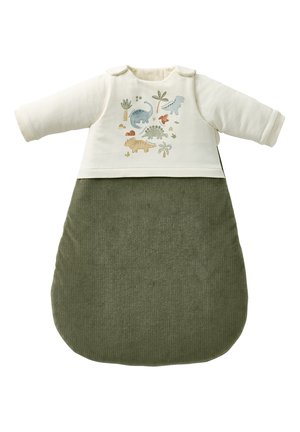 Schlafsack mit Dinosauriermuster, oberer Teil in Creme und unterer Teil aus olivgrünem Cordstoff; mit Druckknöpfen an den Schultern für einfaches An- und Ausziehen.