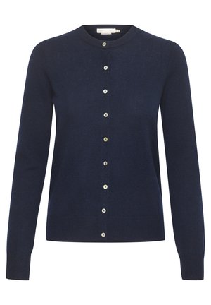 Námořnický pletený cardigan s kulatým výstřihem, dlouhými rukávy a zapínáním na knoflíky se světlými knoflíky. Hladká textura a jednoduchý design.