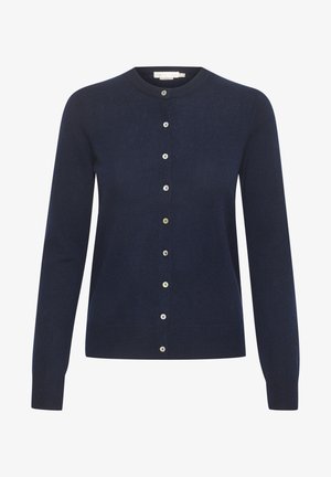 Navy knit cardigan featuring a round neckline, long sleeves, and a button front with light-colored buttons. Smooth texture and simple design.
