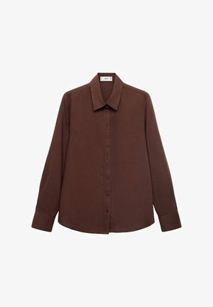 Brown long-sleeve shirt with a pointed collar, front buttons, chest pocket, and a textured fabric finish.