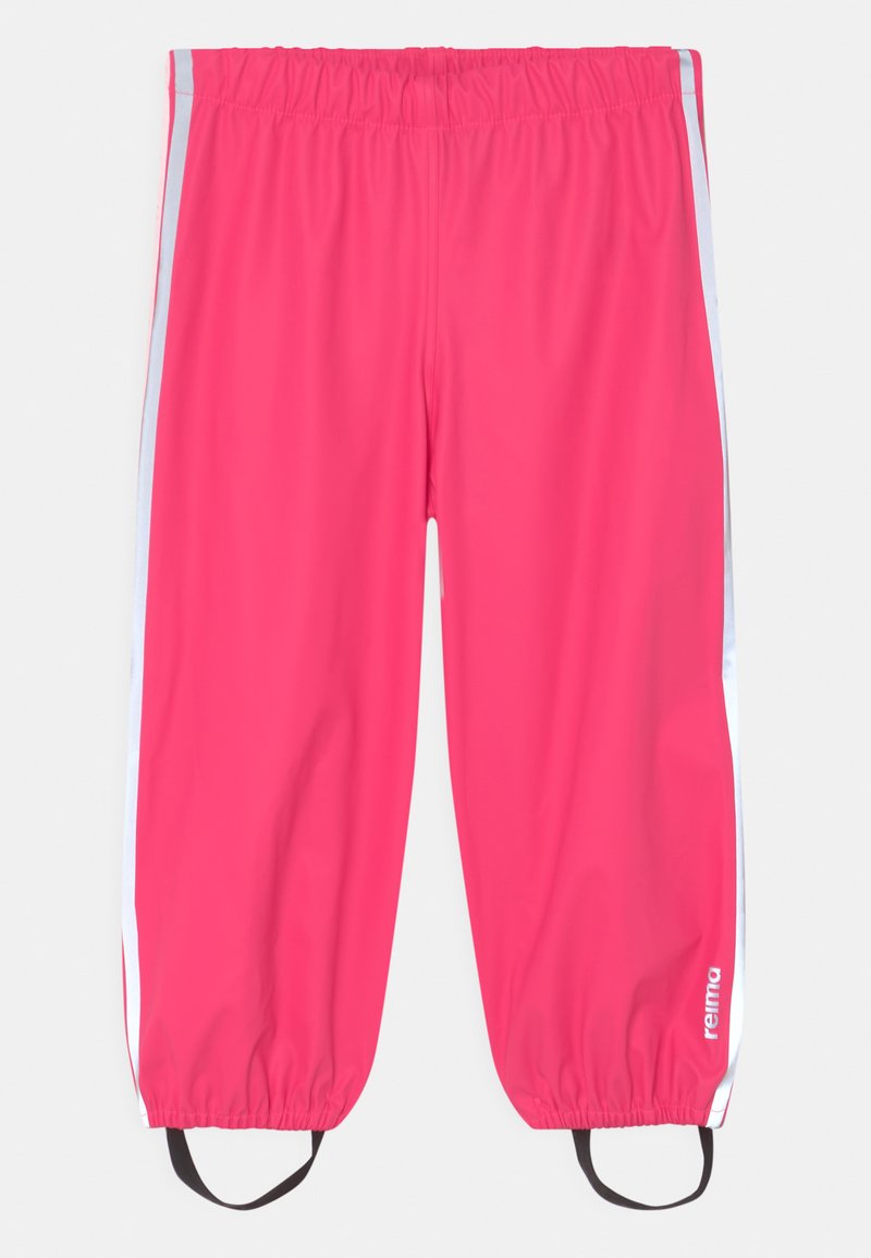 Różowe spodnie z elastycznym paskiem w talii i białymi paskami po bokach, wykonane z lekkiego materiału. Posiadają elastyczne mankiety oraz regulowane paski przy kostkach.