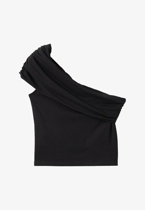 Sort ént off-shoulder top med en rynket elastisk strop, tætsiddende pasform og asymmetrisk halsudskæring på hvid baggrund.
