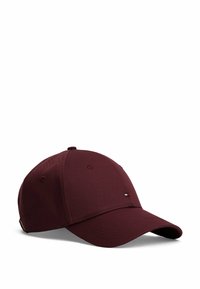 Maroon baseball cap made of durable fabric with a curved brim, featuring stitched accents and a small multi-colored logo on the front.