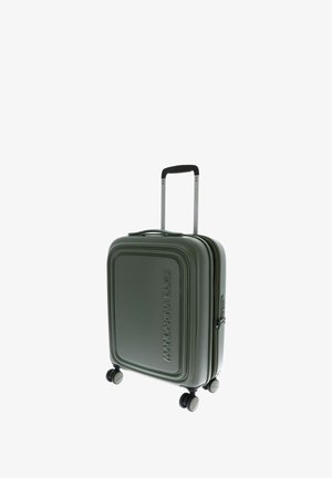 Valise rigide compacte de couleur olive, équipée de quatre roues pivotantes et d'une poignée télescopique extensible.