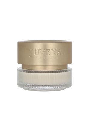 Glasgefäß mit Juvena Hautpflegecreme, strukturierter Boden und mattgoldenem Deckel mit eingeprägtem Markennamen.