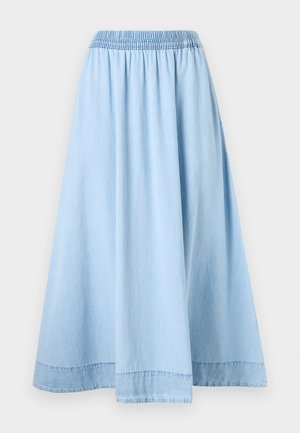Lys blå denimskjørt med elastisk linning, full A-linjeform og subtil søm i kanten for ekstra detaljer. Myk, glatt tekstur.