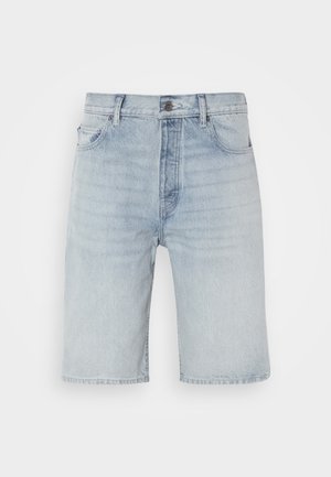 Light blue denim shorts with a straight cut. Features a button fastening, five pockets, and subtle fading on the fabric.