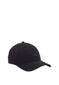 Black fabric cap with a curved brim and a textured patch featuring the brand name. Six-panel construction and eyelets for ventilation.