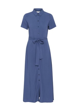 Short-sleeved, button-down dress in a solid blue fabric. Features a cinched waist with a tied belt and a mid-length skirt. Smooth texture.