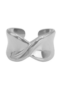 Anello a manica in metallo argentato lucido con design intrecciato. Texture liscia con bordi arrotondati, creando un flusso armonioso. Misura regolabile.