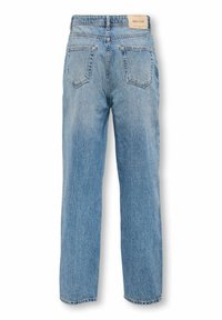 Jeans in denim azzurro chiaro con vita alta, design a gamba dritta e due tasche posteriori. Presenta un'etichetta del marchio sulla cintura.