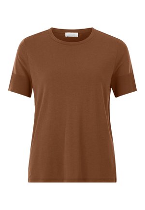 Pruun lühikeste varrukatega ümar kaelusega T-särk soonikkoes varrukasäärtega, valmistatud siledast kangast.