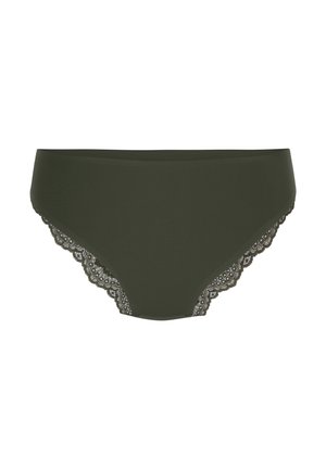 Olijfgroene onderbroek met kant aan de zijkanten, voorzien van een gladde stoftextuur en een medium taille. Geen extra hardware of patronen.