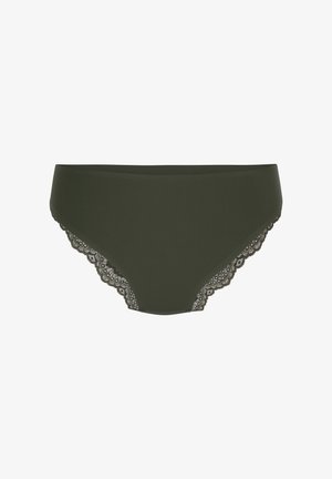 Olivgrüne Unterwäsche mit Spitzenbesatz an den Seiten, ausgestattet mit einer glatten Stoffstruktur und einem mittelhohen Schnitt. Keine zusätzlichen Verschlüsse oder Muster.