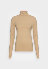 Beige polokragsweater med långa ärmar, ribbstruktur och en figurnära design. Tillverkad av ett mjukt material med en slät yta.