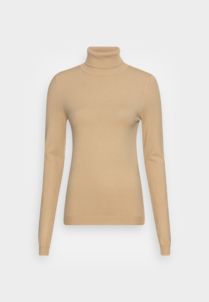 Beige polokragsweater med långa ärmar, ribbstruktur och en figurnära design. Tillverkad av ett mjukt material med en slät yta.