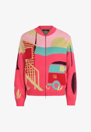 Jasnoružový sveter na zips s tropickým západom slnka, ktorý obsahuje dodávku, palmy, schody a veľké slnko.