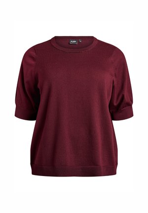 Vinröd kortärmad stickad topp med rund halsringning och ribbstickade mudd. Mjuk textur och ledig passform med subtila sömdekorationer.