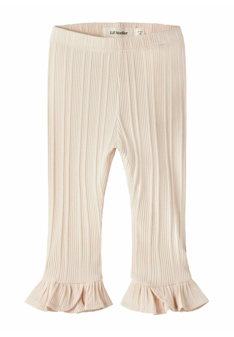 Jasnoróżowe prążkowane legginsy z rozszerzanym falbaną u dołu. Wykonane z miękkiego materiału, z elastyczną talią dla wygody.