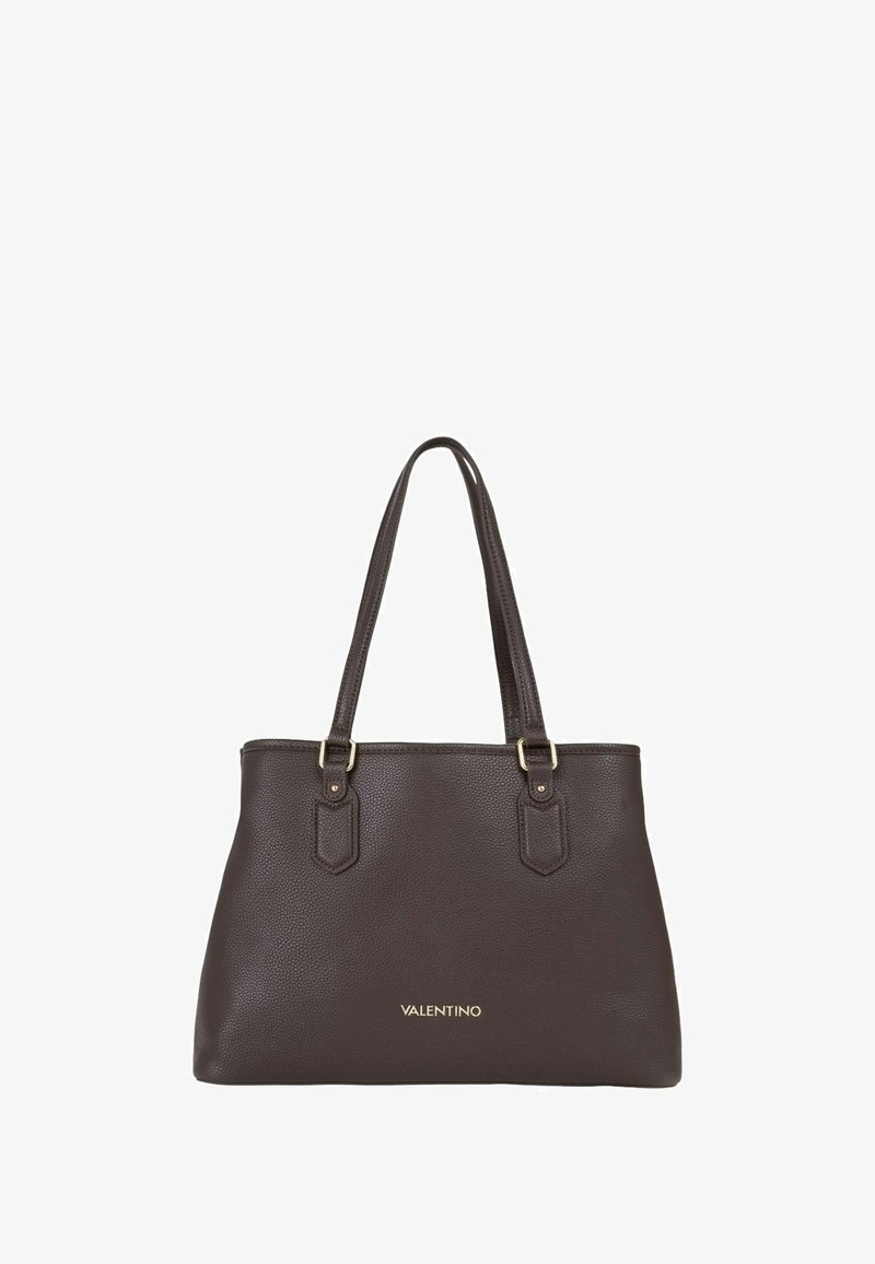 Sac fourre-tout en cuir marron foncé avec deux anses d'épaule et petit logo "Valentino" doré au centre avant.