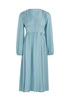 Hellblaues Midi-Kleid mit langen Ärmeln, geraffter Taille, stoffbezogenen Knöpfen vorne und V-Ausschnitt.