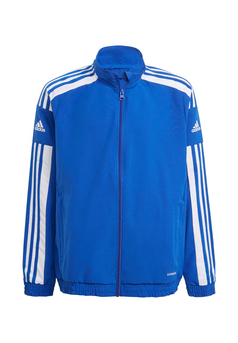 Blaue Sportjacke mit weißen Streifen, durchgehendem Reißverschluss, Stehkragen, elastischen Bündchen, weichem Stoff, zwei Seitentaschen und Logo auf dem Ärmel und dem Saum.