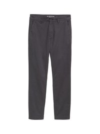 Pantalons slim gris foncé avec passants de ceinture, poches latérales et fermeture à bouton à la taille.