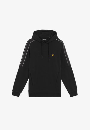 Zwarte hoodie van zachte stof, voorzien van een kangoeroezak, een capuchon met trekkoord, witte zijsteken en een gele adelaarlogo op de borst.