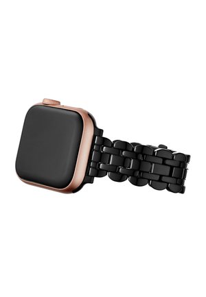 Smartwatch med en rosaguldfarvet ramme og sort metalledsrem, rektangulær skærm og en sideknap til krone.